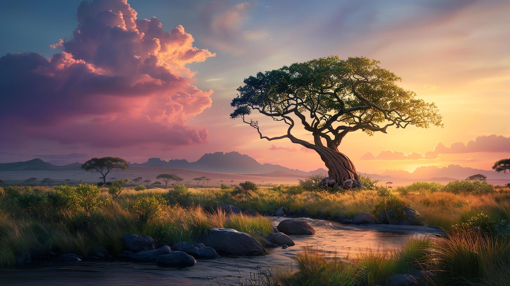 Stunning sunset over an African savannah with a solitary tree and a flowing river, showcasing breathtaking natural beauty and a peaceful landscape. photo