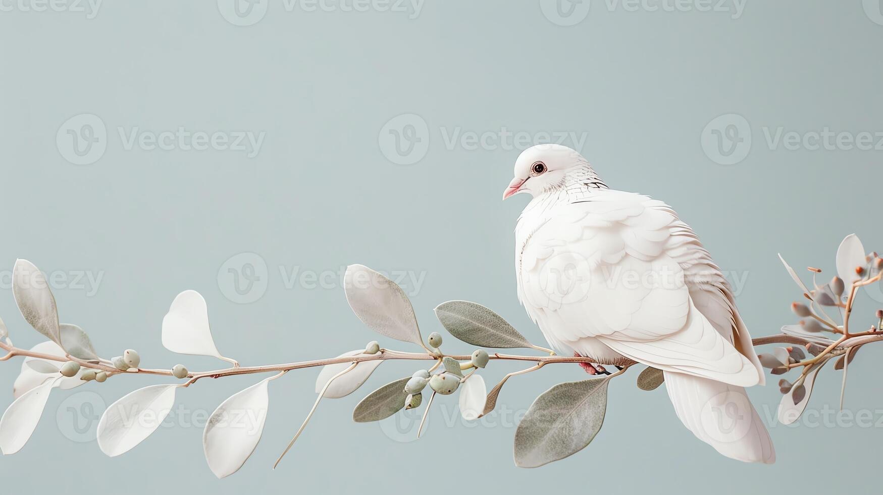 A white dove peacefully perched on a delicate twig with pale leaves against a soft blue background. photo