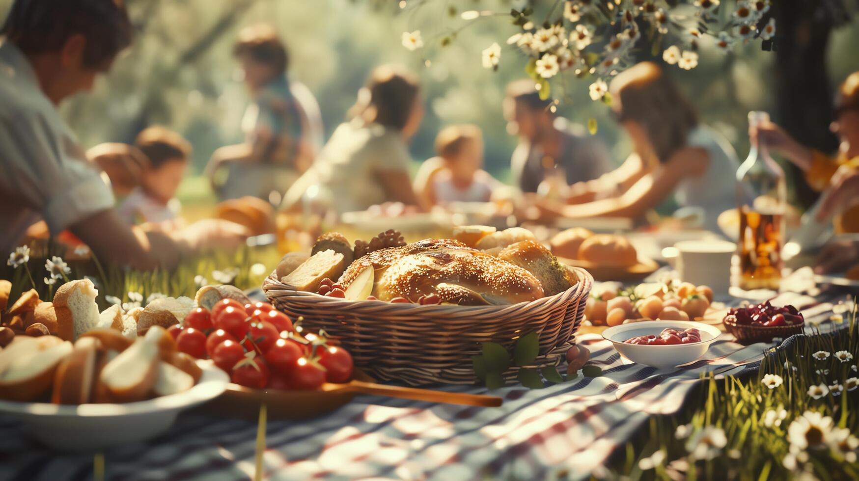 A warm sunny day at the park with friends and family enjoying a delicious picnic, featuring fresh bread, fruits, and other delightful foods. photo
