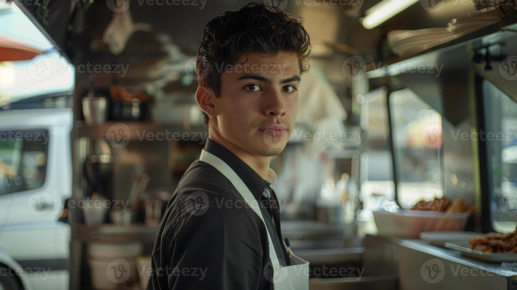 In front of a food truck, a smiling young man is wearing an apron photo