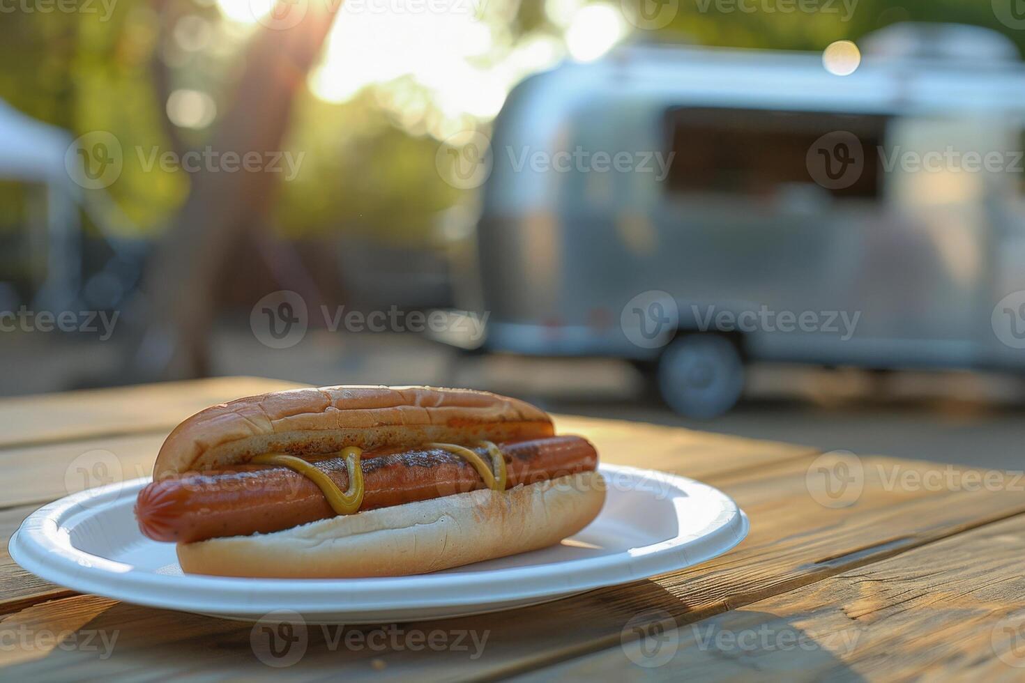 A hot dog is placed on a table at a campground, a vintage trailer can be seen in the background photo