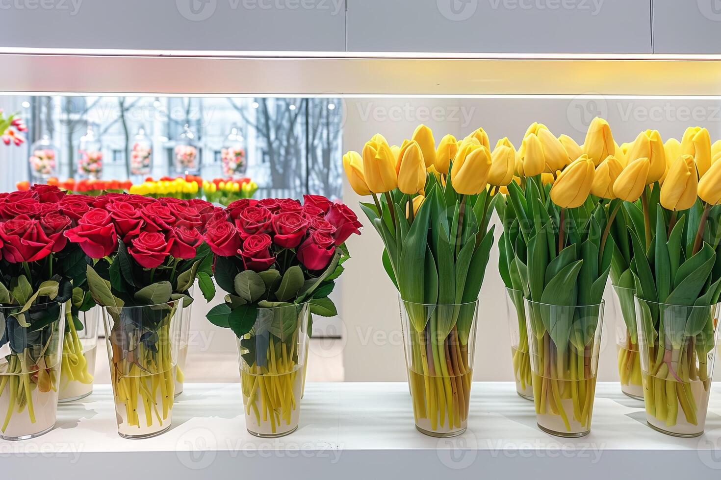 A row of vases with flowers in them, including roses and yellow tulips photo