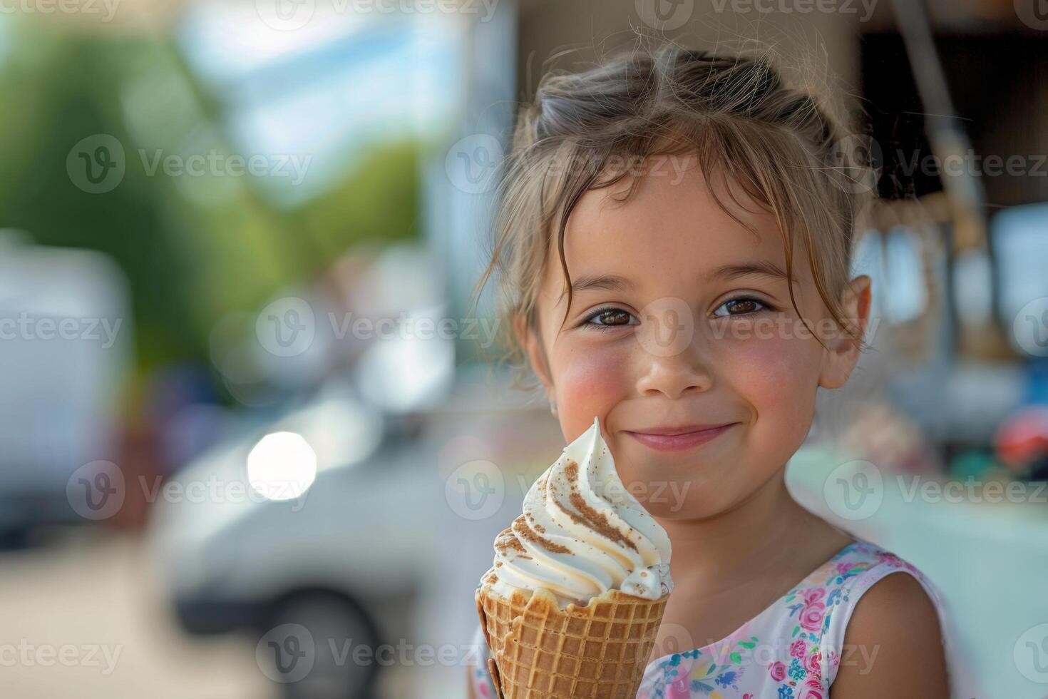 A girl with blonde hair is joyfully eating ice cream outside in a photo