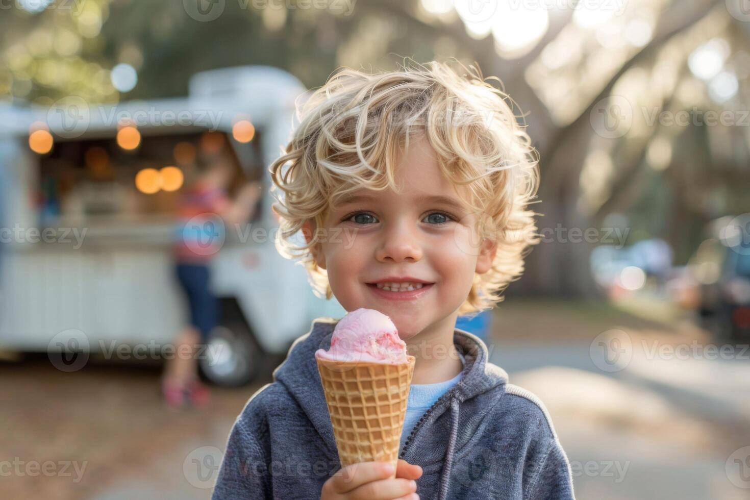 A young boy with an ice cream cone in front of a truck photo