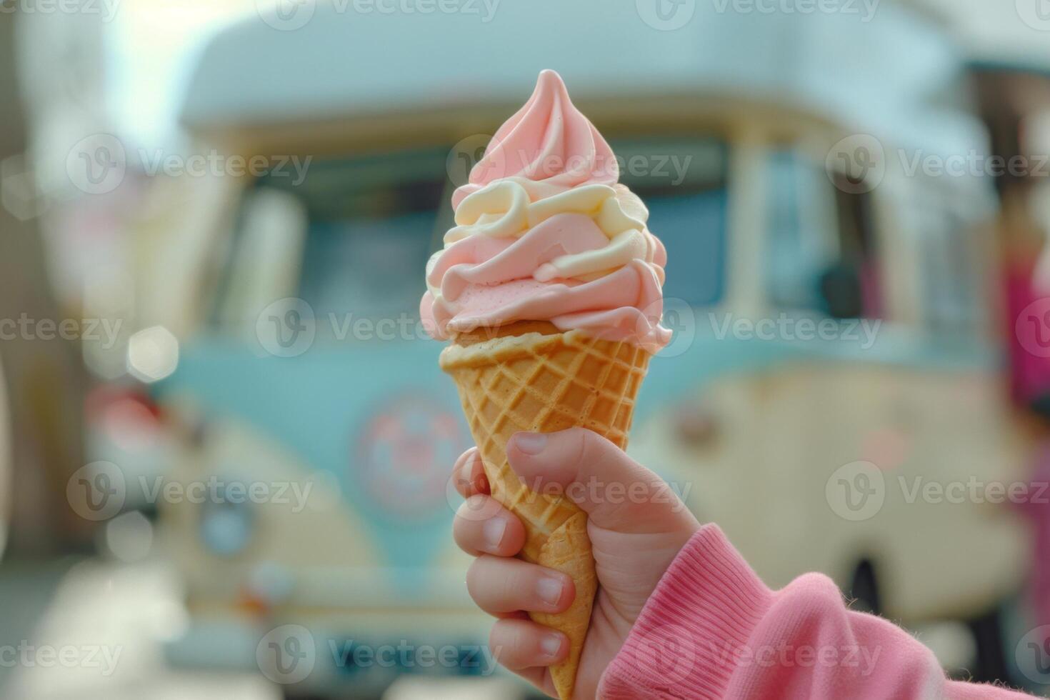 A person holds an ice cream cone in front of a truck photo