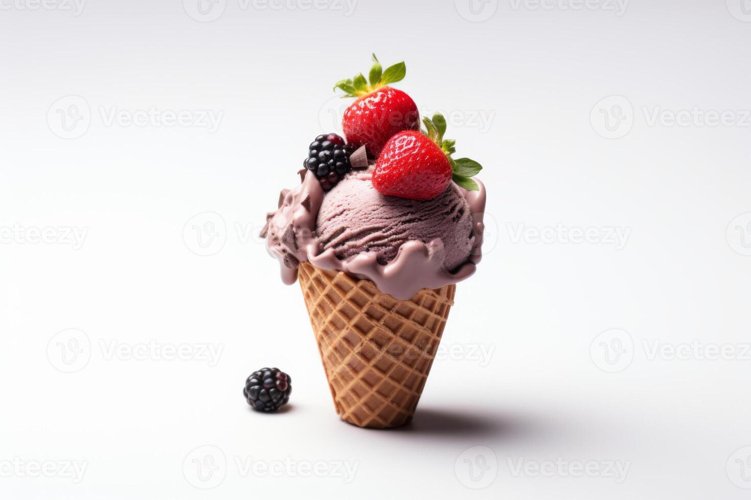 A waffle cone with ice cream and berries on a white background photo
