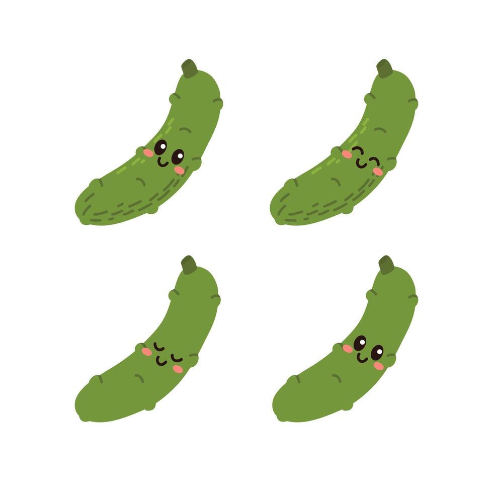 Set of cute cartoon colorful green cucumbers with different emotions. Funny emotions character collection for kids. Fantasy characters. illustrations, cartoon flat style. vector