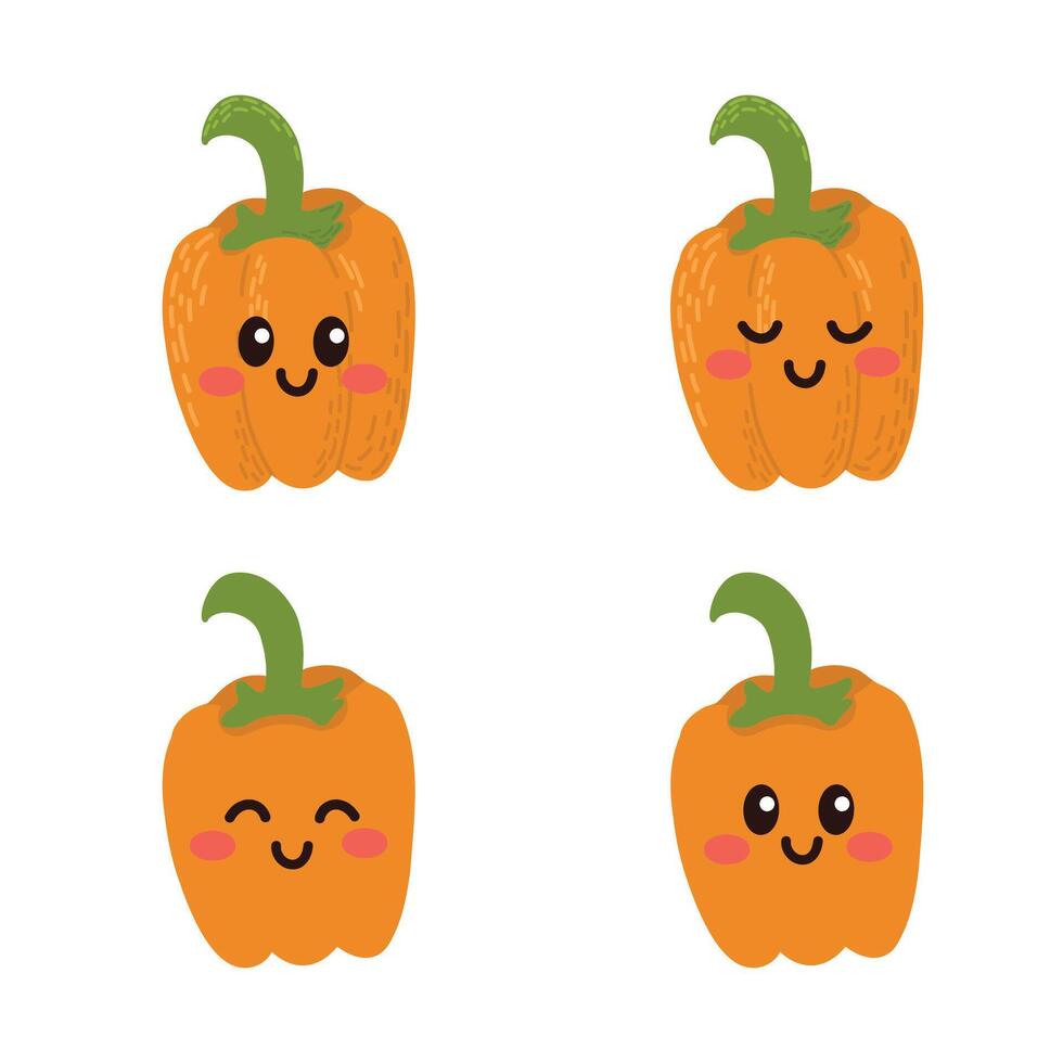 Set of cute cartoon colorful orange sweet peppers with different emotions. Collection of characters with funny emotions for kids. Fantasy characters. illustration, cartoon flat style vector