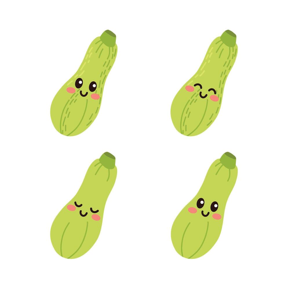 Set of cute cartoon colorful green zucchini with different emotions. Funny emotions character collection for kids. Fantasy characters. illustrations, cartoon flat style. vector