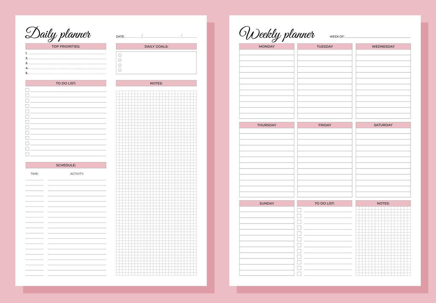 Planners set. Daily and weekly planners. Blank white notebook page A4. vector