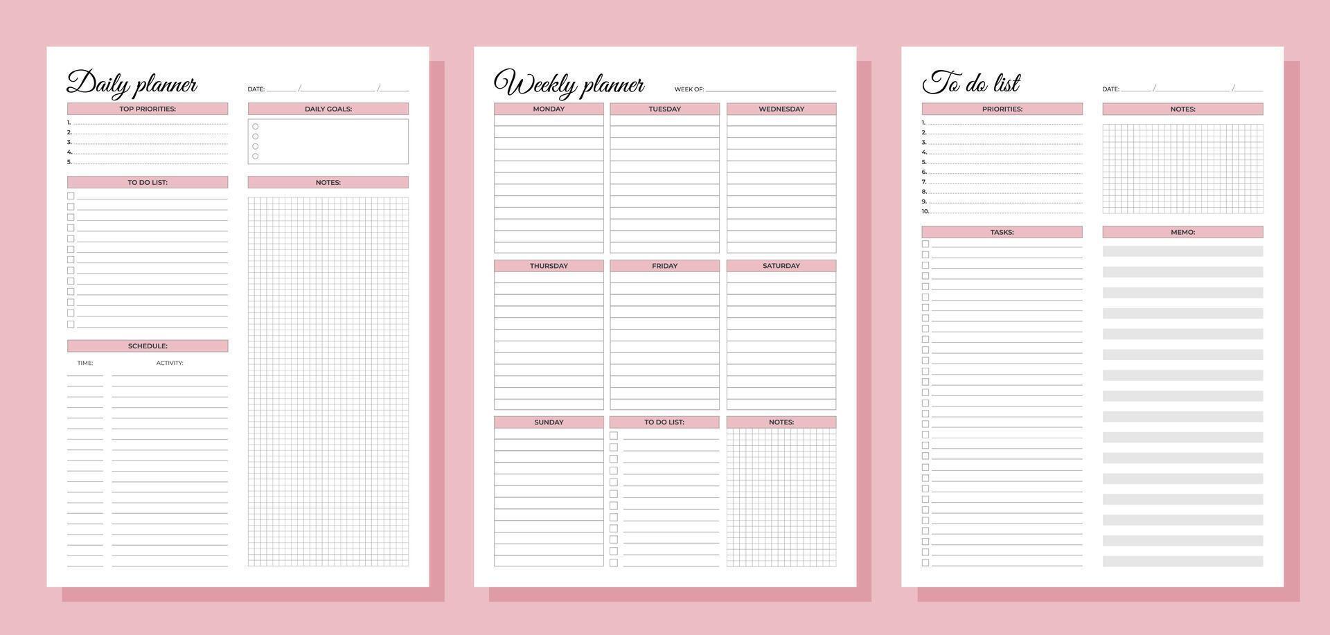 Planners set. Daily, weekly, to do list. Blank white notebook page A4. vector