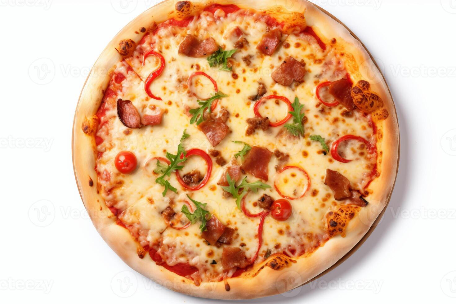 Pizza with tomatoes, ham and pepper on a white background photo