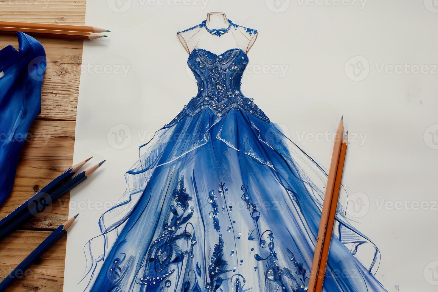 A blue dress is drawn on a piece of paper with a pencil photo