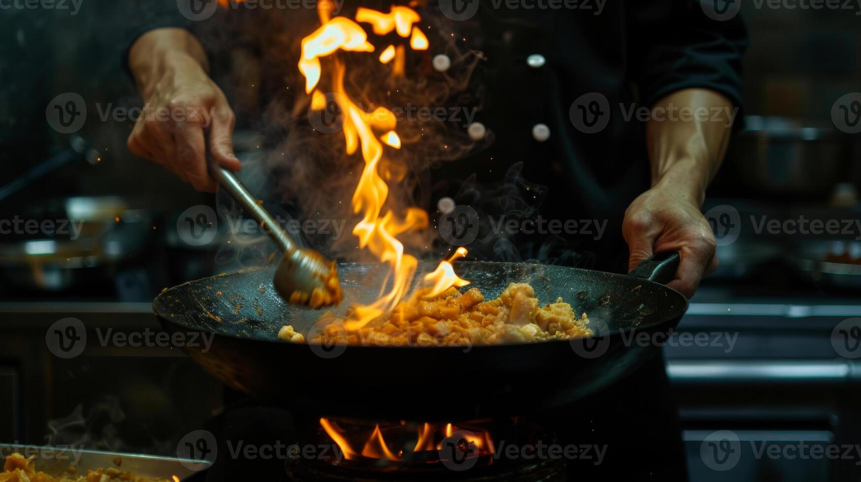 A chef is cooking food in a wok on a stove with flames photo