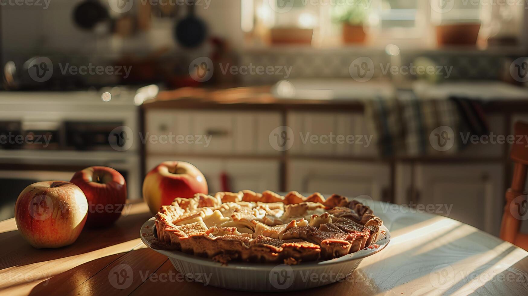 A pie is sitting on a table next to two apples photo