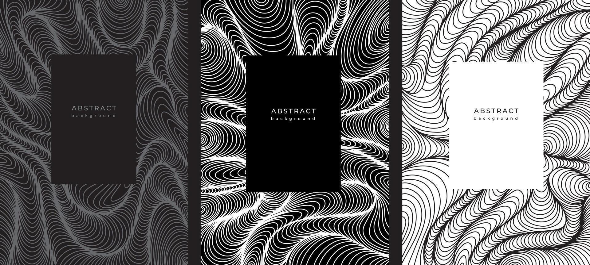 Set of abstract templates with wavy linear pattern. Line art. Black and white wavy background. Posters with geometric curved texture. Abstract striped texture. Surface distortion. Optical illusion vector