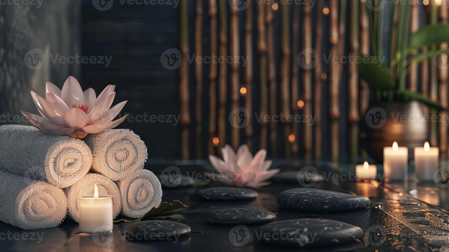 Serene Spa Retreat with Lotus Flowers, Candles and Towels, emanating tranquility and relaxation photo