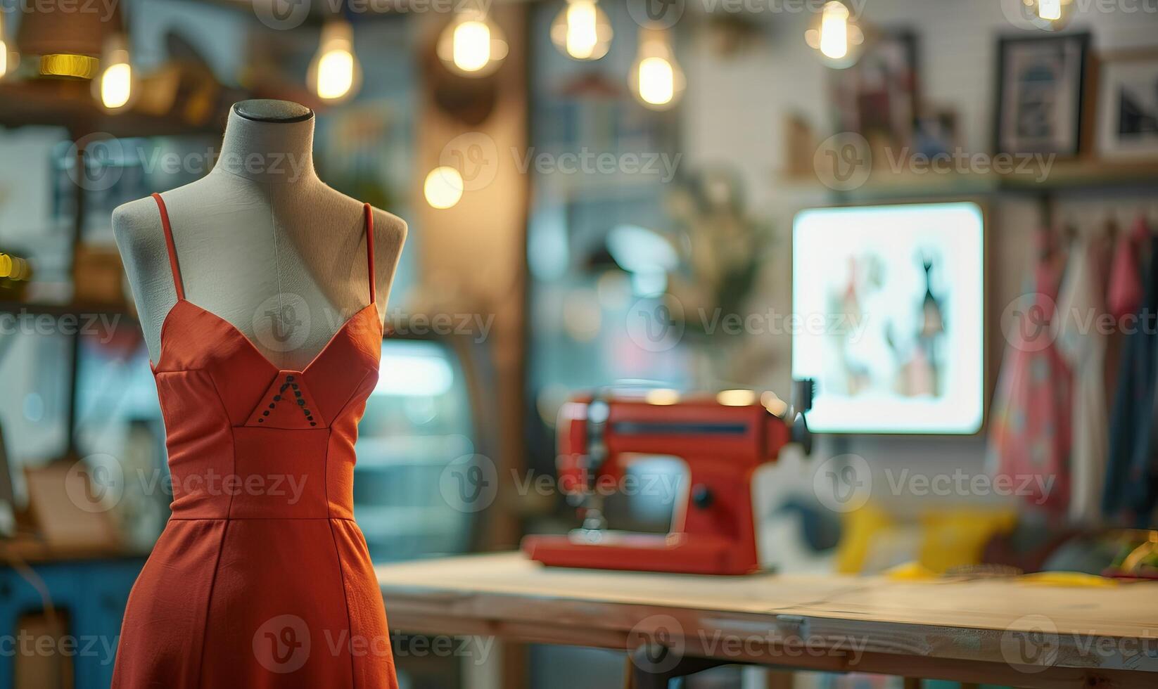 A red dress is displayed on a table in a room with a sewing machine photo
