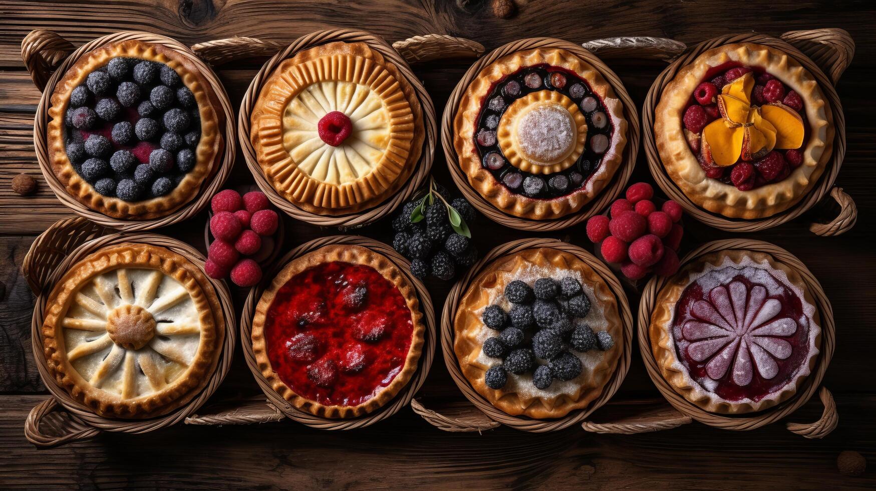 A table full of different types of pies and fruit photo