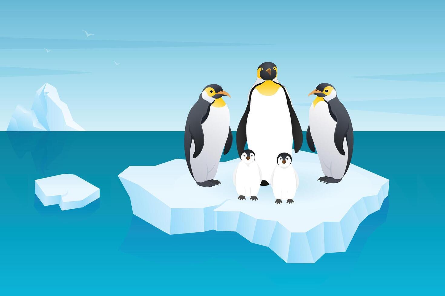 Emperor penguins at iceberg, glacier, North Pole global warming illustration design vector