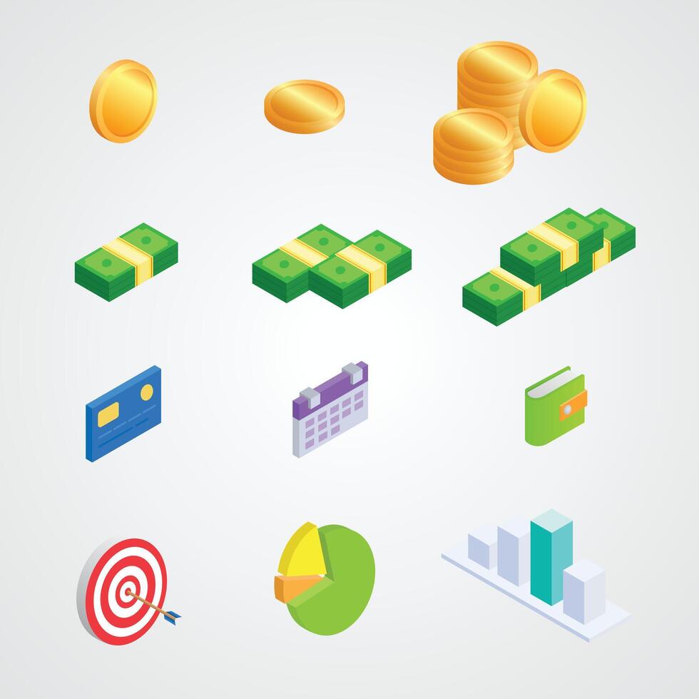 money finance isomatric symbol collection set illustration vector