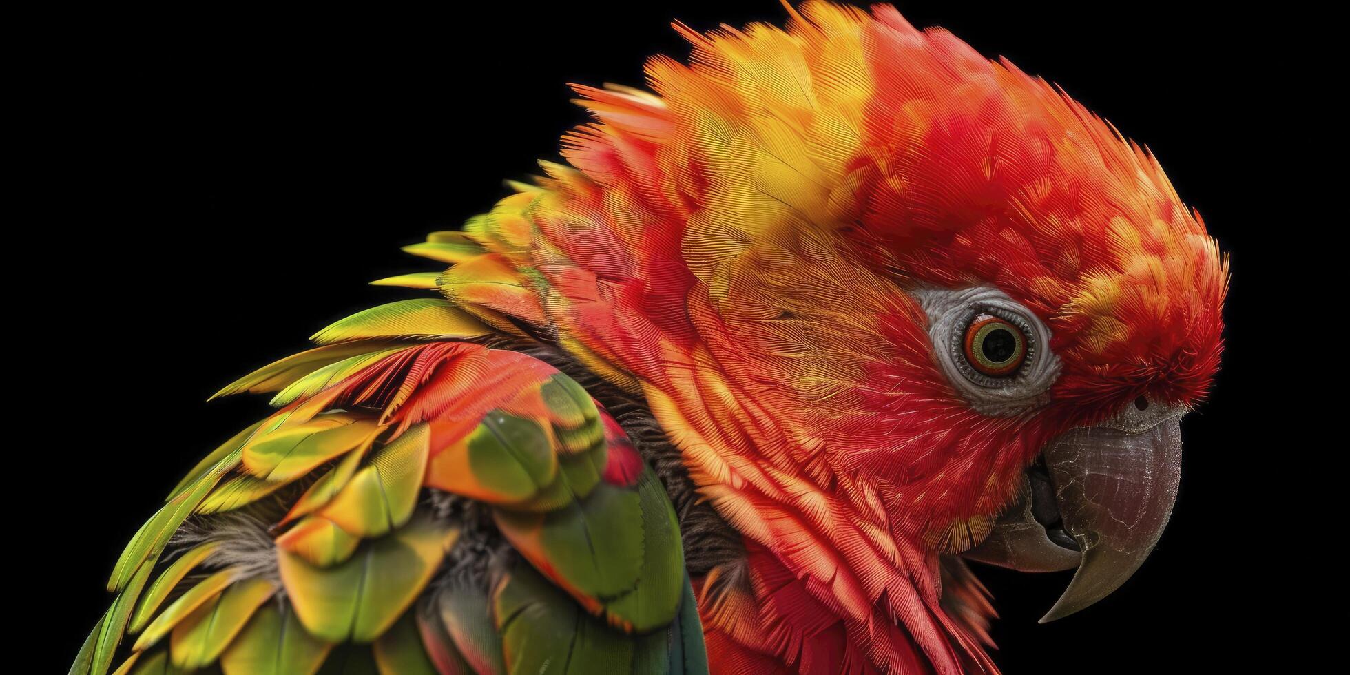A colorful parrot with vibrant red and orange feathers photo