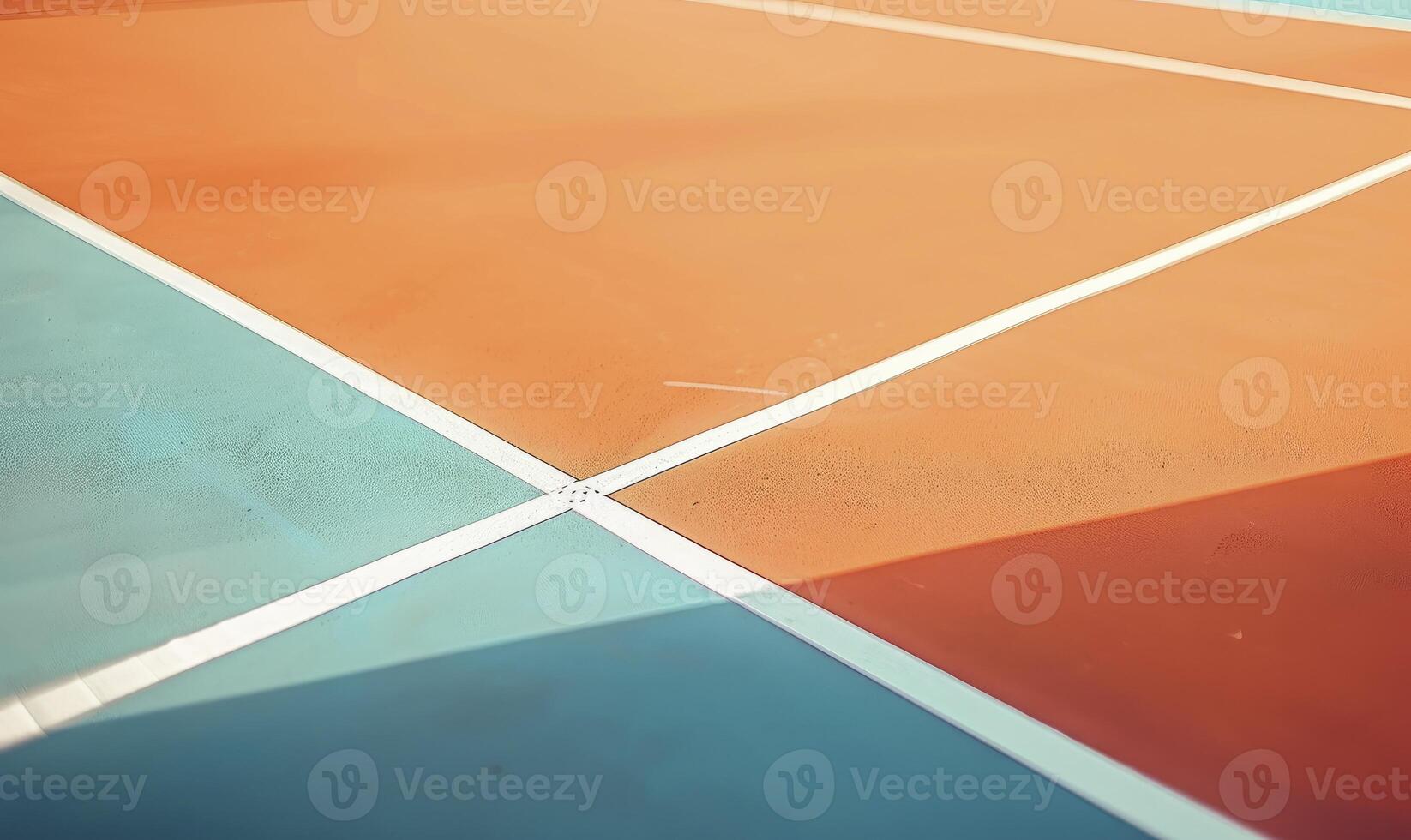A close up photo of an empty orange and blue tennis court in a pastel aesthetic