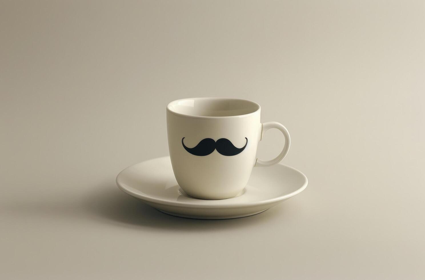 A white cup of coffee and saucer with a black mustache on pastel colour background photo
