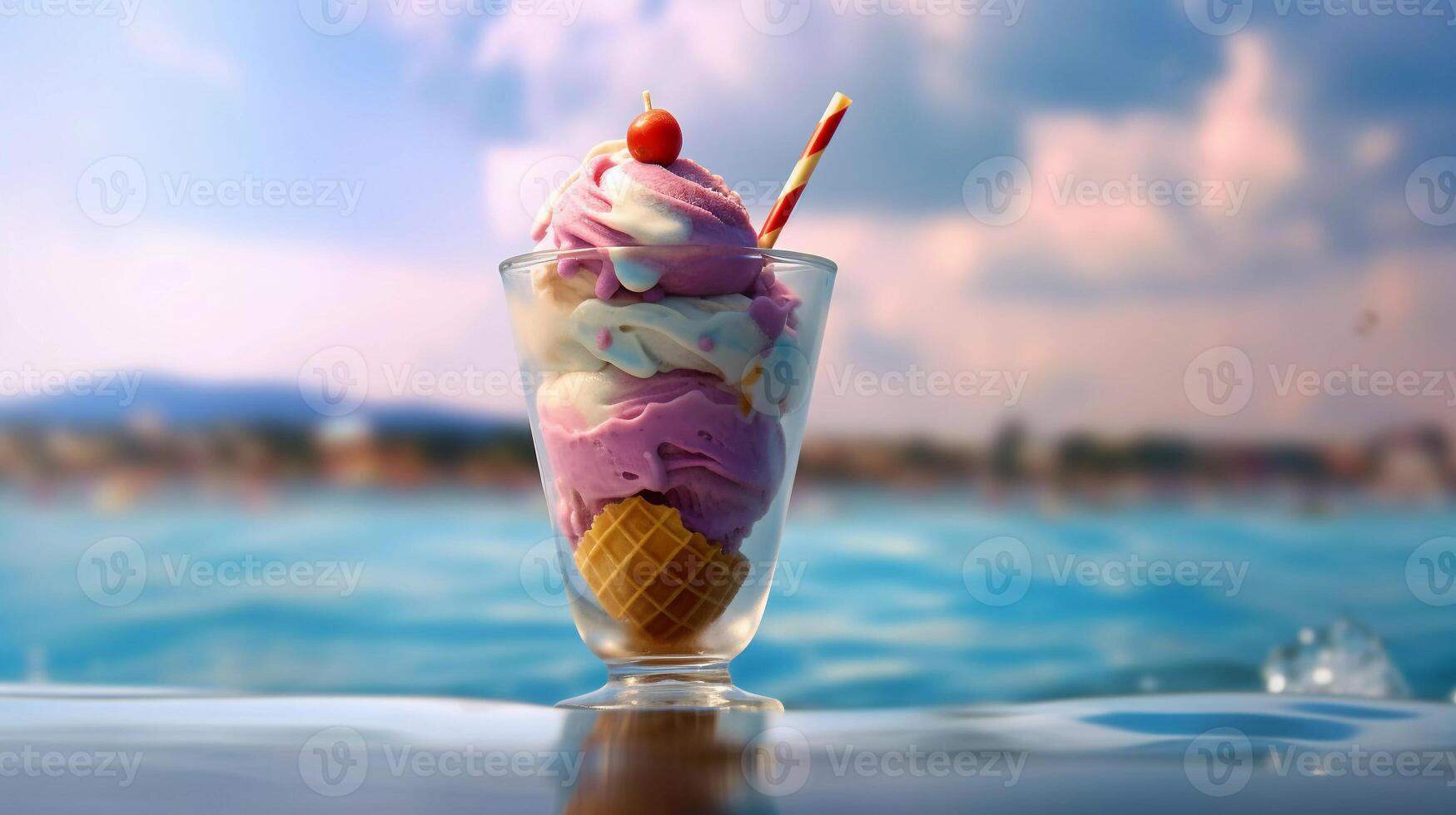 Ice Cream in a Glass Goblet on the Beach Against the Backdrop of the Blurred Sea. Colorful horizontal composition. photo