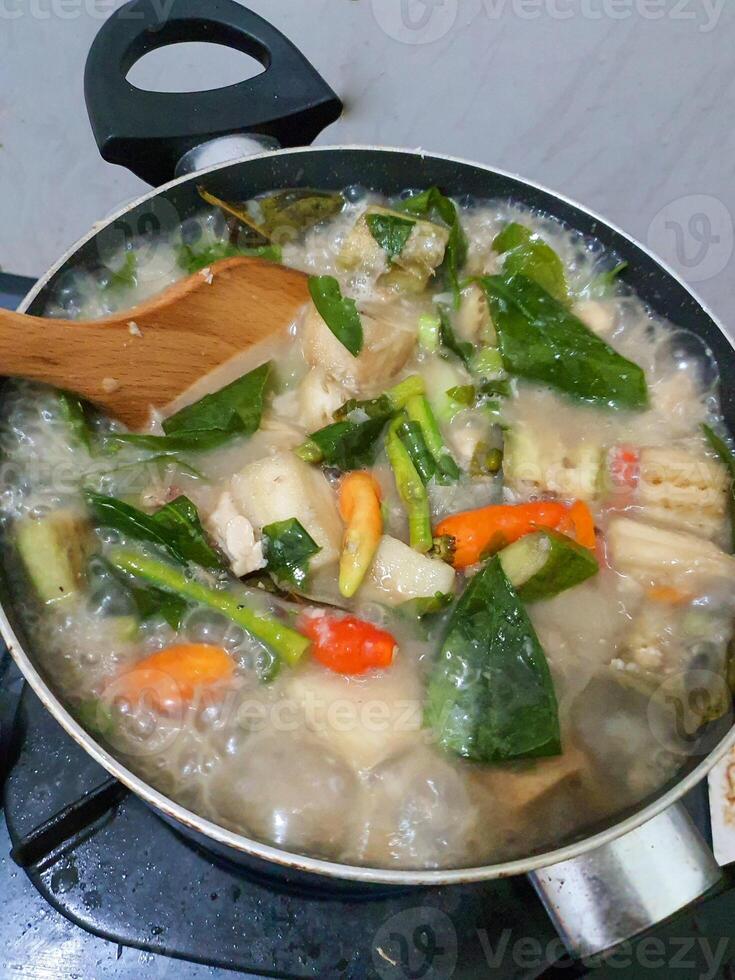 Delicious spicy eggplant and vegetables coconut soup called sayur lodeh in local indonesian Sayur Lodeh is a vegetable dish made with coconut milk mixed in spices, good for cook book recipes content photo