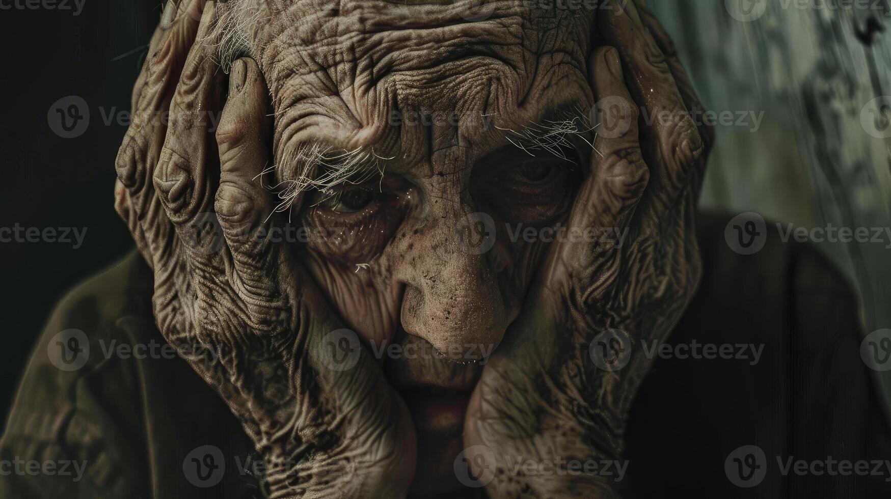 A troubled man clutches his wrinkled face, consumed by worry and anxiety photo