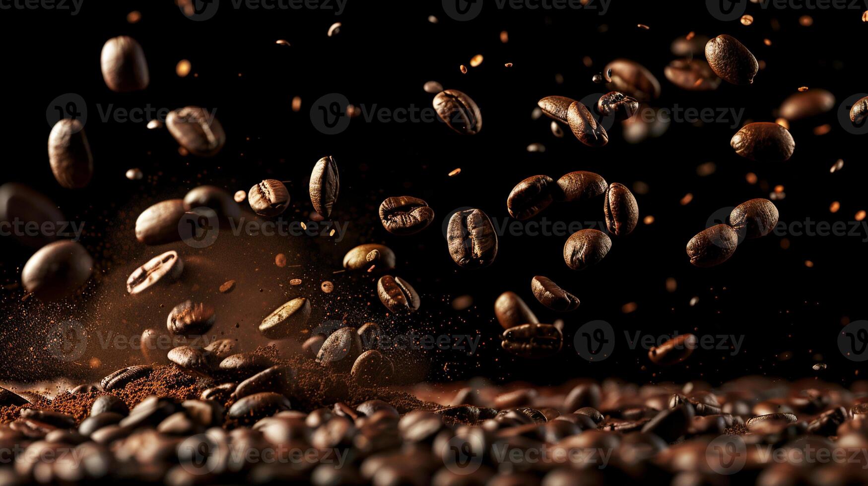 Coffee beans falling on a pile symbolizing energy, freshness, and great aroma on a dark background with copy space image in a close-up shot photo