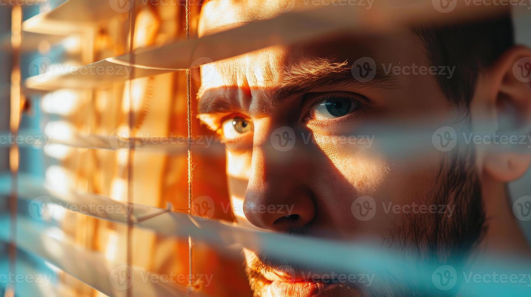 close-up of man looking through blinds. sun rays photo