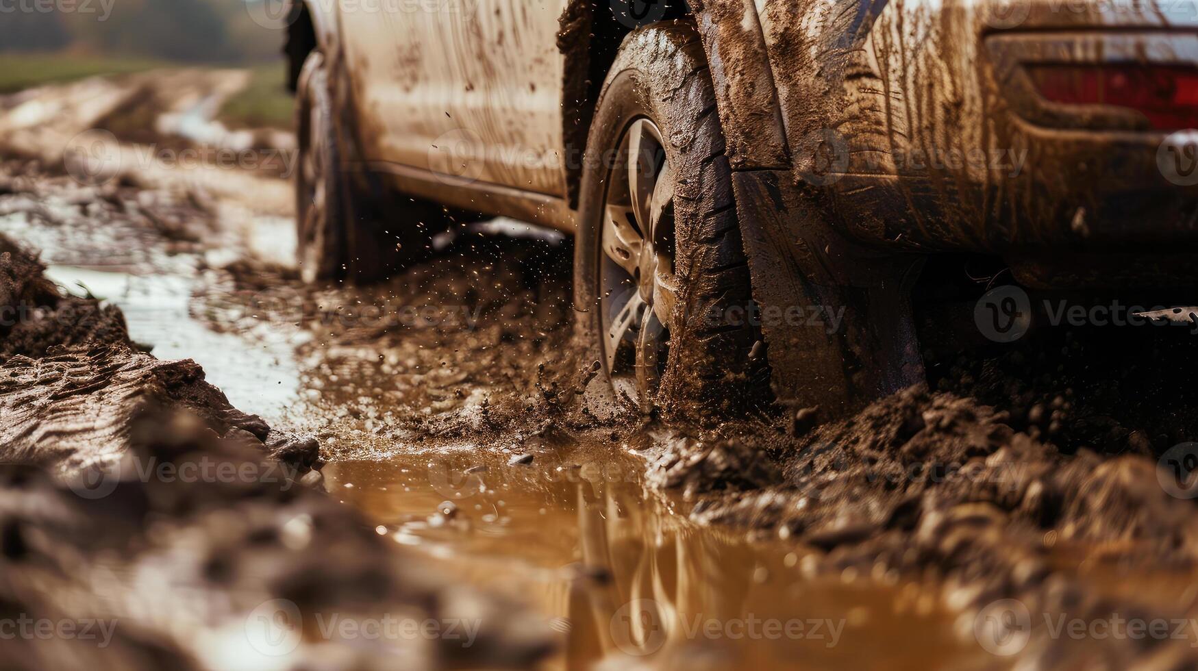 Close-up view of a car driving through the mud. off-road travel photo