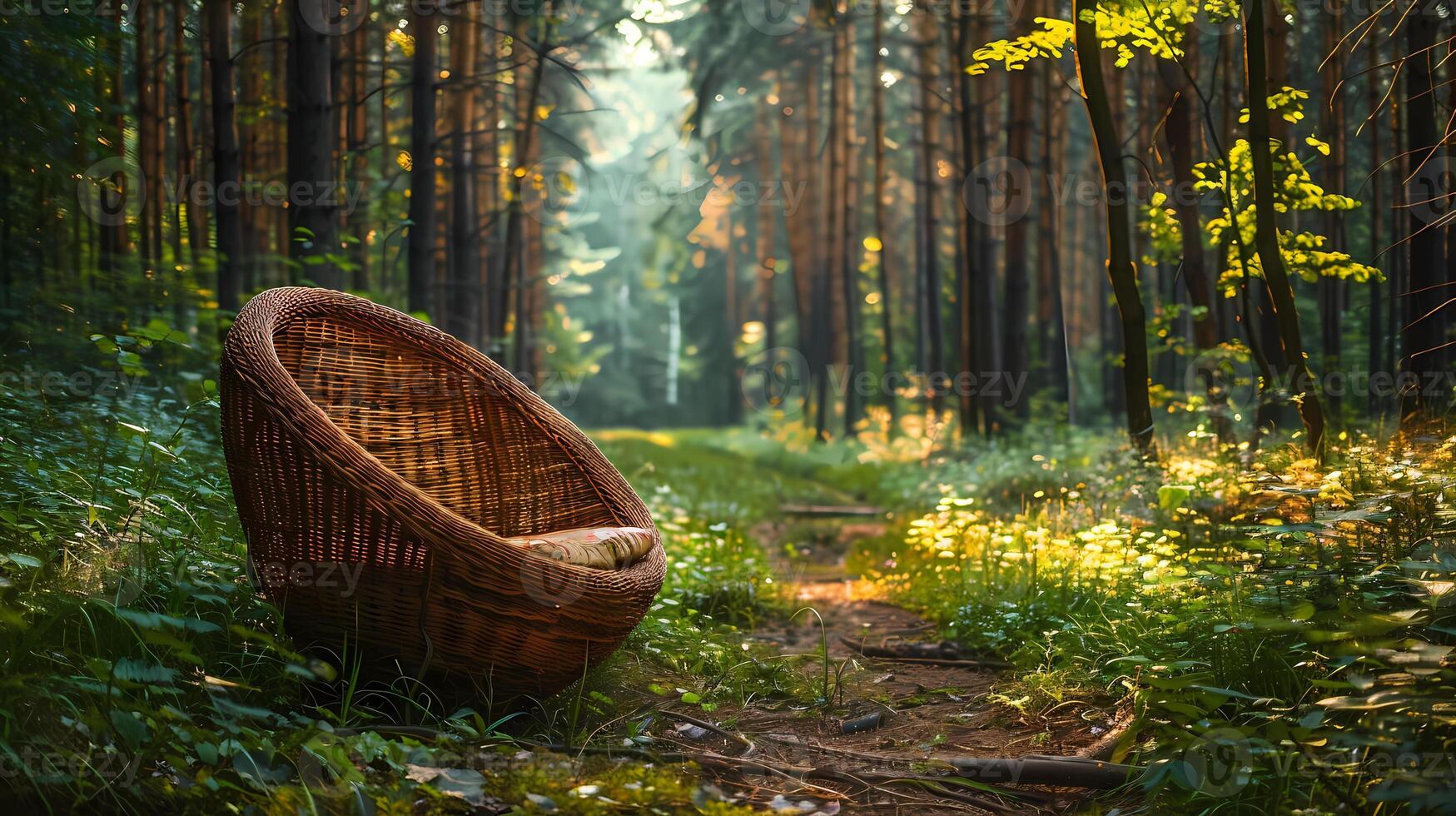 Wicker comfortable chair in a beautiful green forest for relaxation Wicker comfortable chair in a beautiful backyard for relaxationWicker comfortable chair in a beautiful green forest for relaxation photo