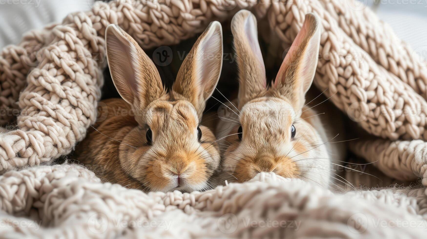 Two Cute rabbits sitting in a soft blanket photo