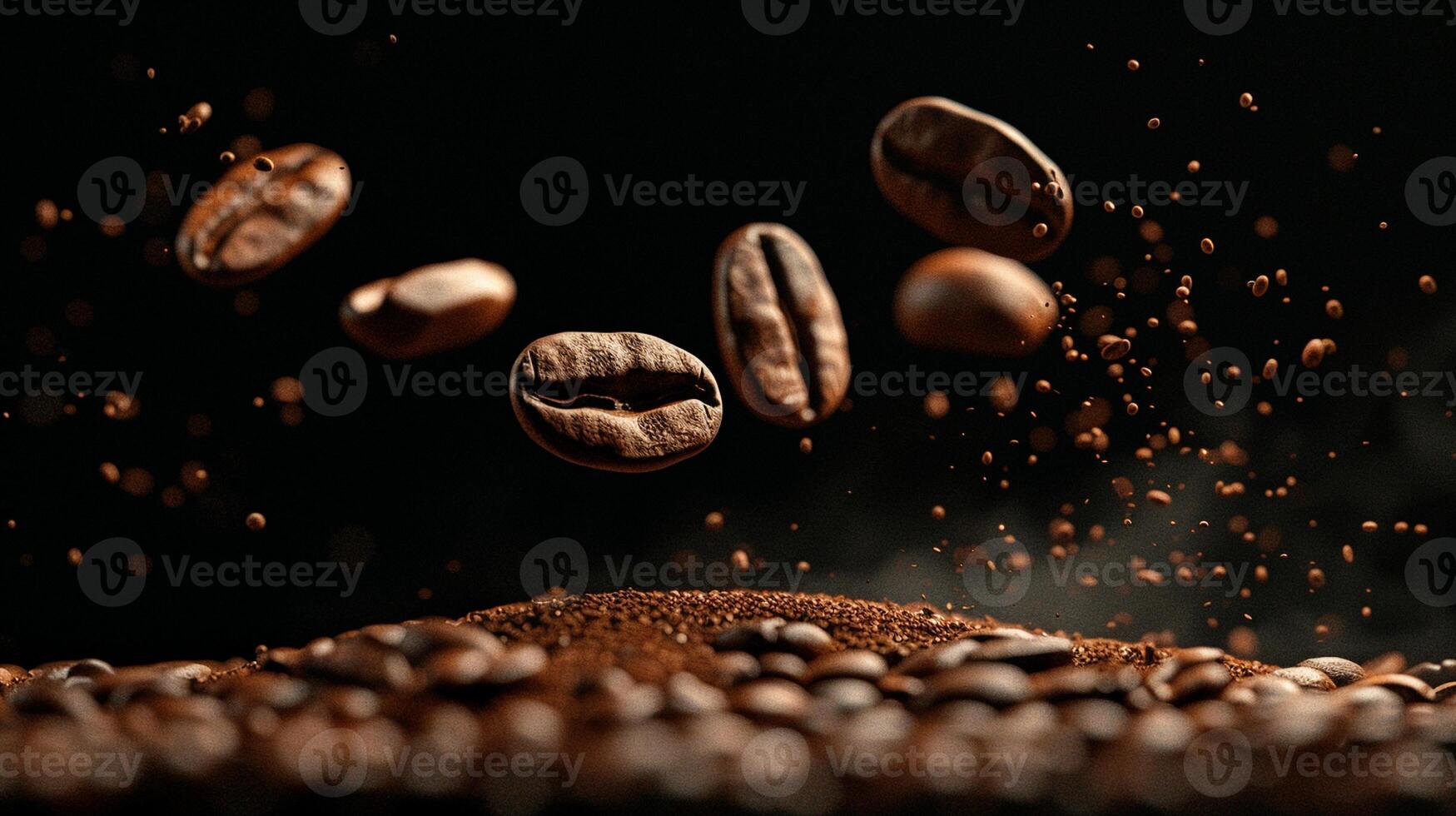 Coffee beans falling on a pile symbolizing energy, freshness, and great aroma on a dark background with copy space image in a close-up shot. photo