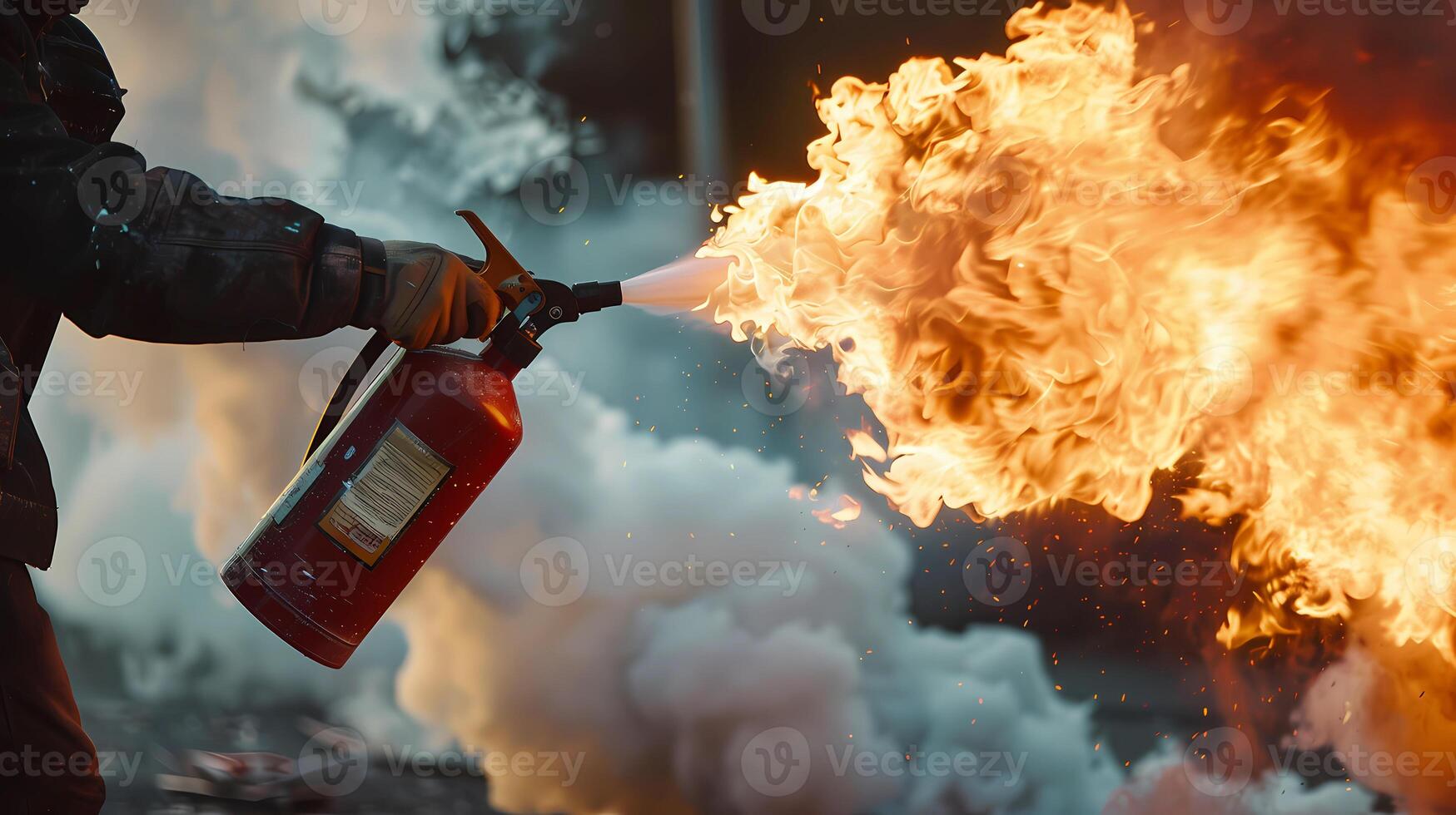 man used a fire extinguisher to put out the fire close-up photo