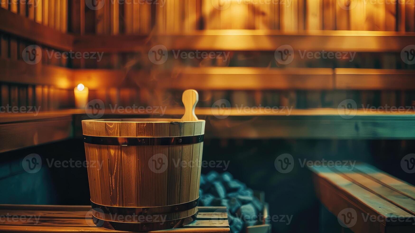 Wooden bucket in sauna for relaxation photo