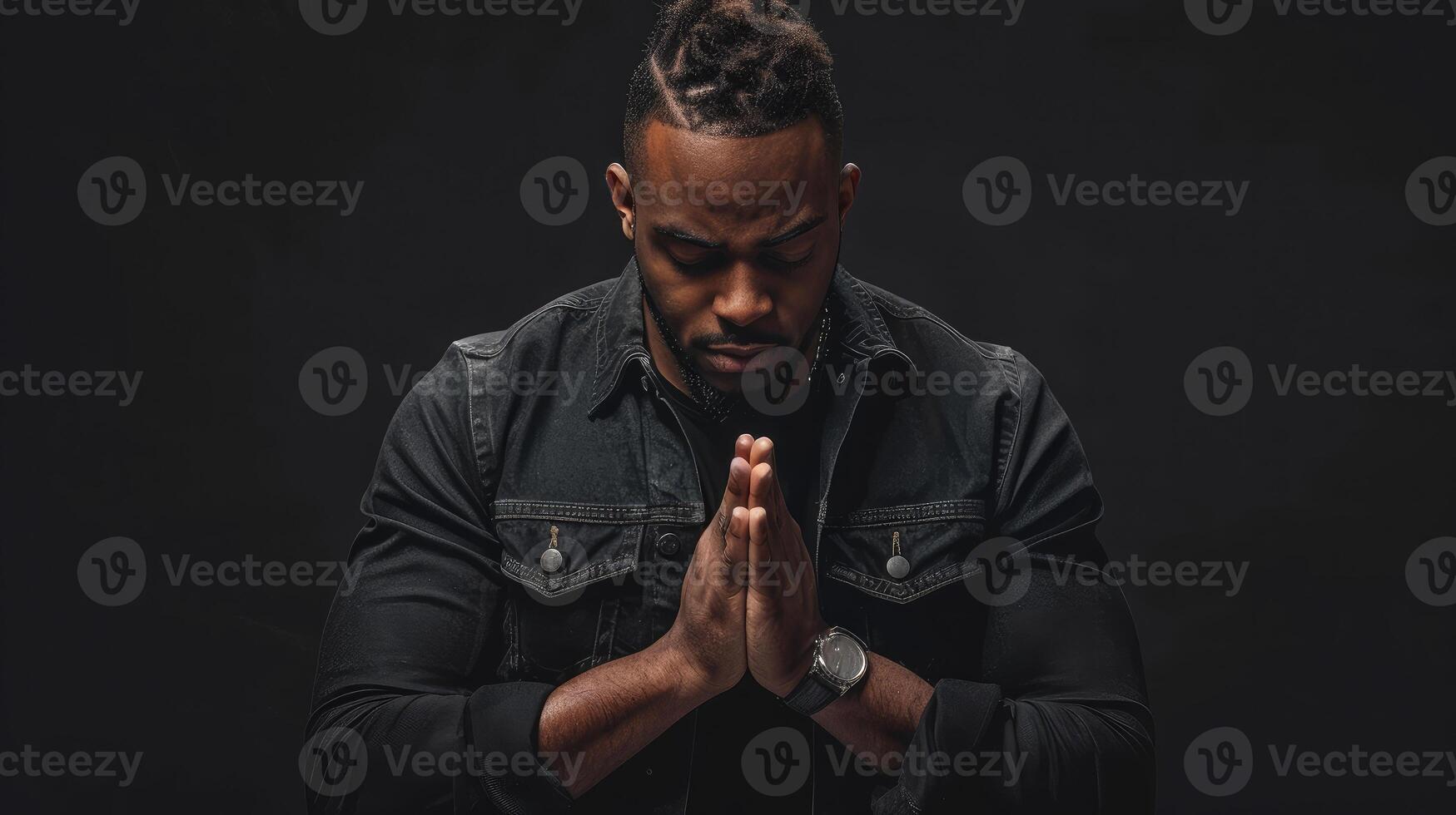 Black man praying with folded hands isolated on a black background. photo