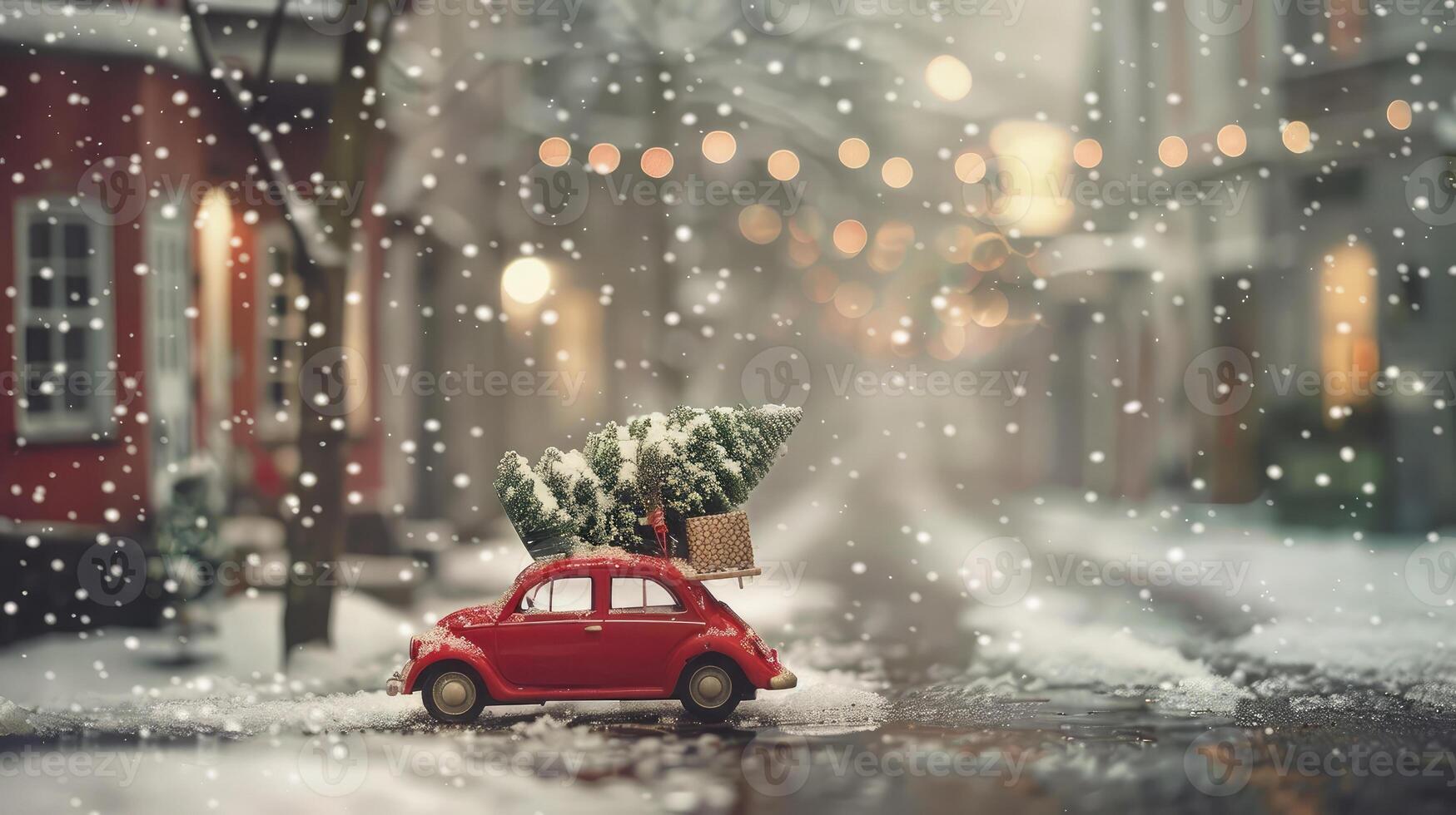 A red toy car carrying a Christmas tree against the backdrop of a beautiful snowy street photo