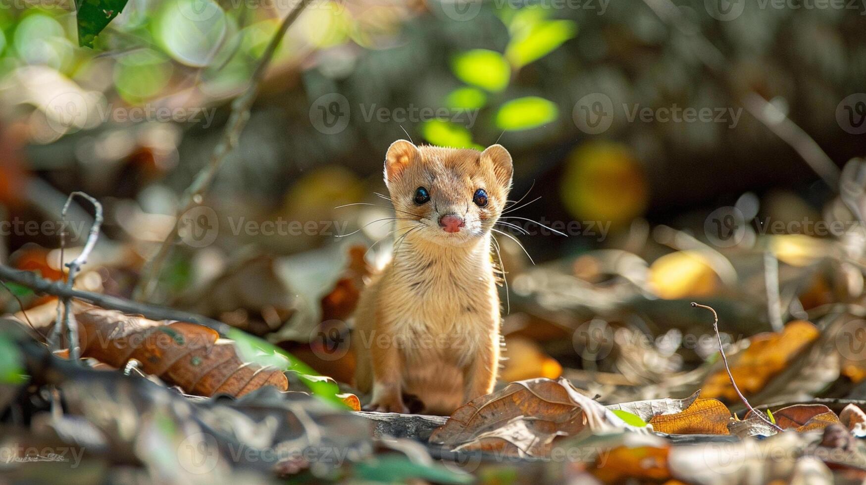 Small curious wild weasel in forest. photo