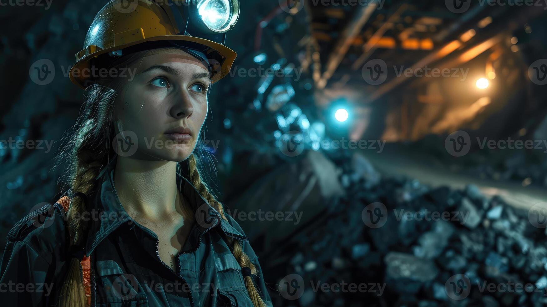 a girl in a work uniform with a helmet and a flashlight at a coal mine photo
