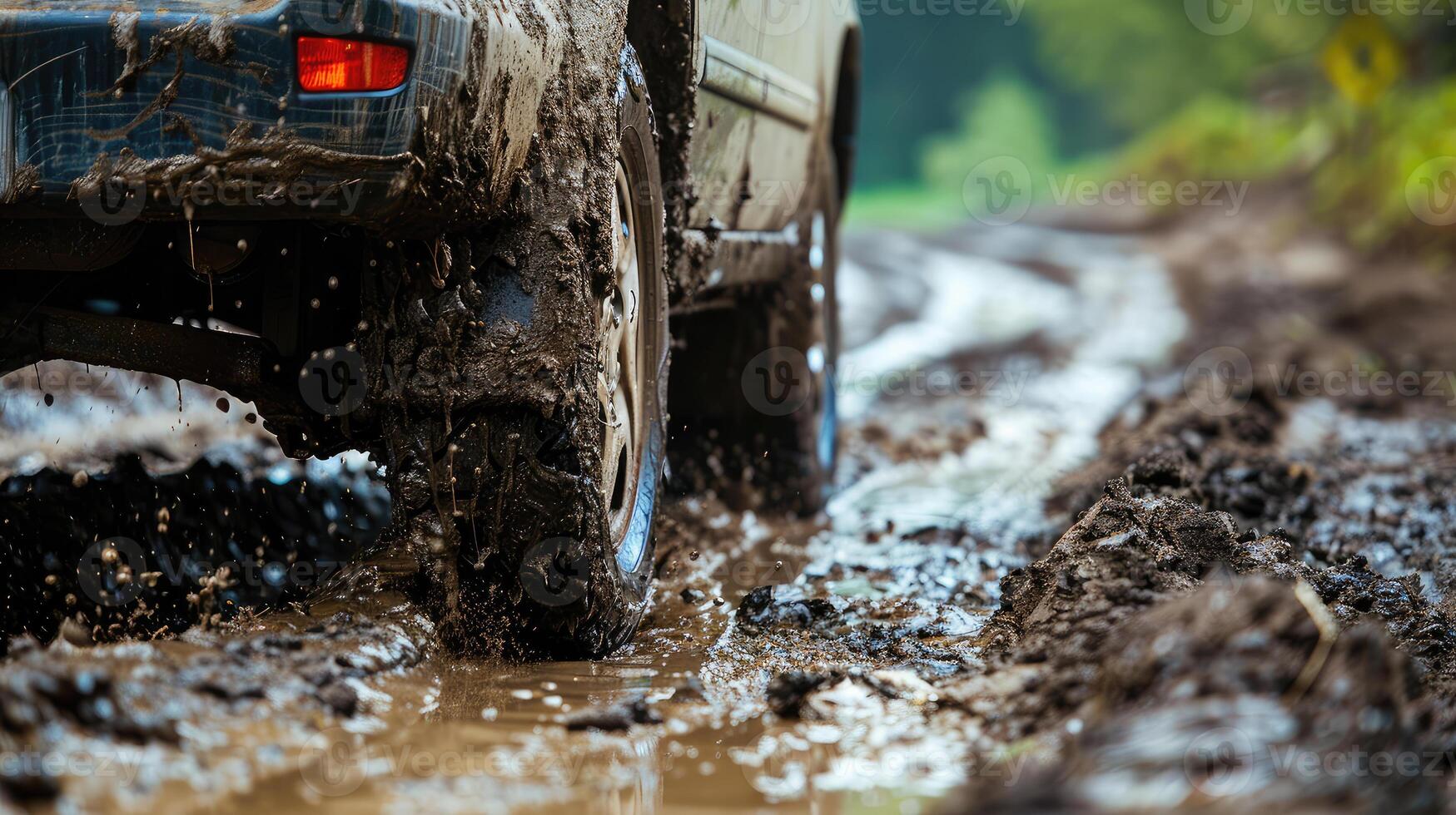 Close-up view of a car driving through the mud. off-road travel photo