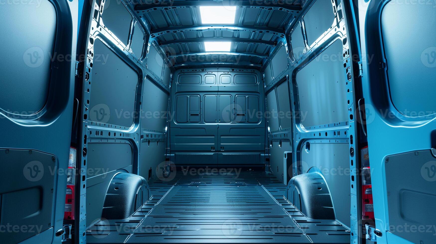 A low rear view of the open back doors and trunk area inside an empty blue van photo