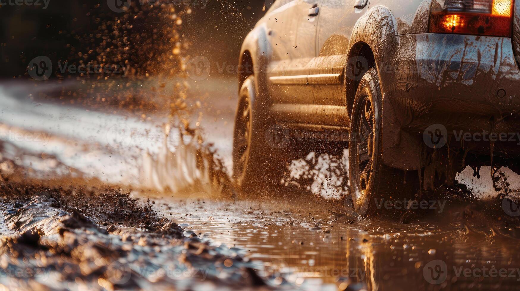 Close-up view of a car driving through the mud. off-road travel photo