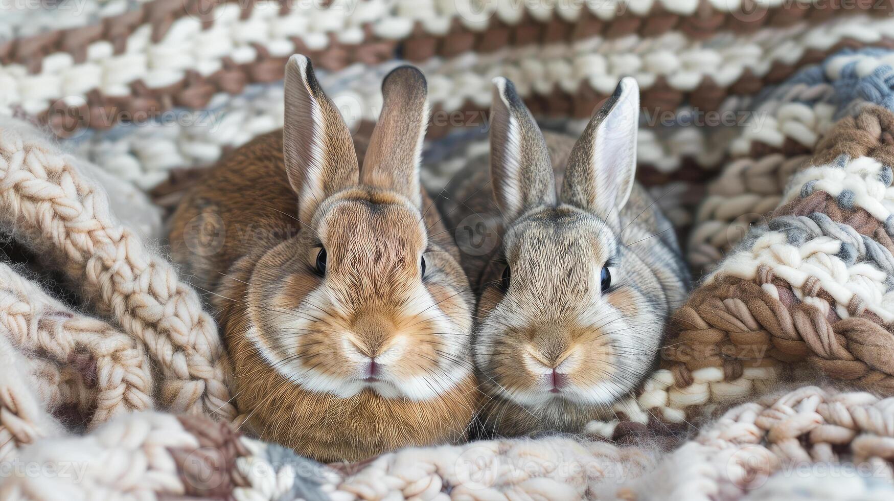 Two Cute rabbits sitting in a soft blanket photo