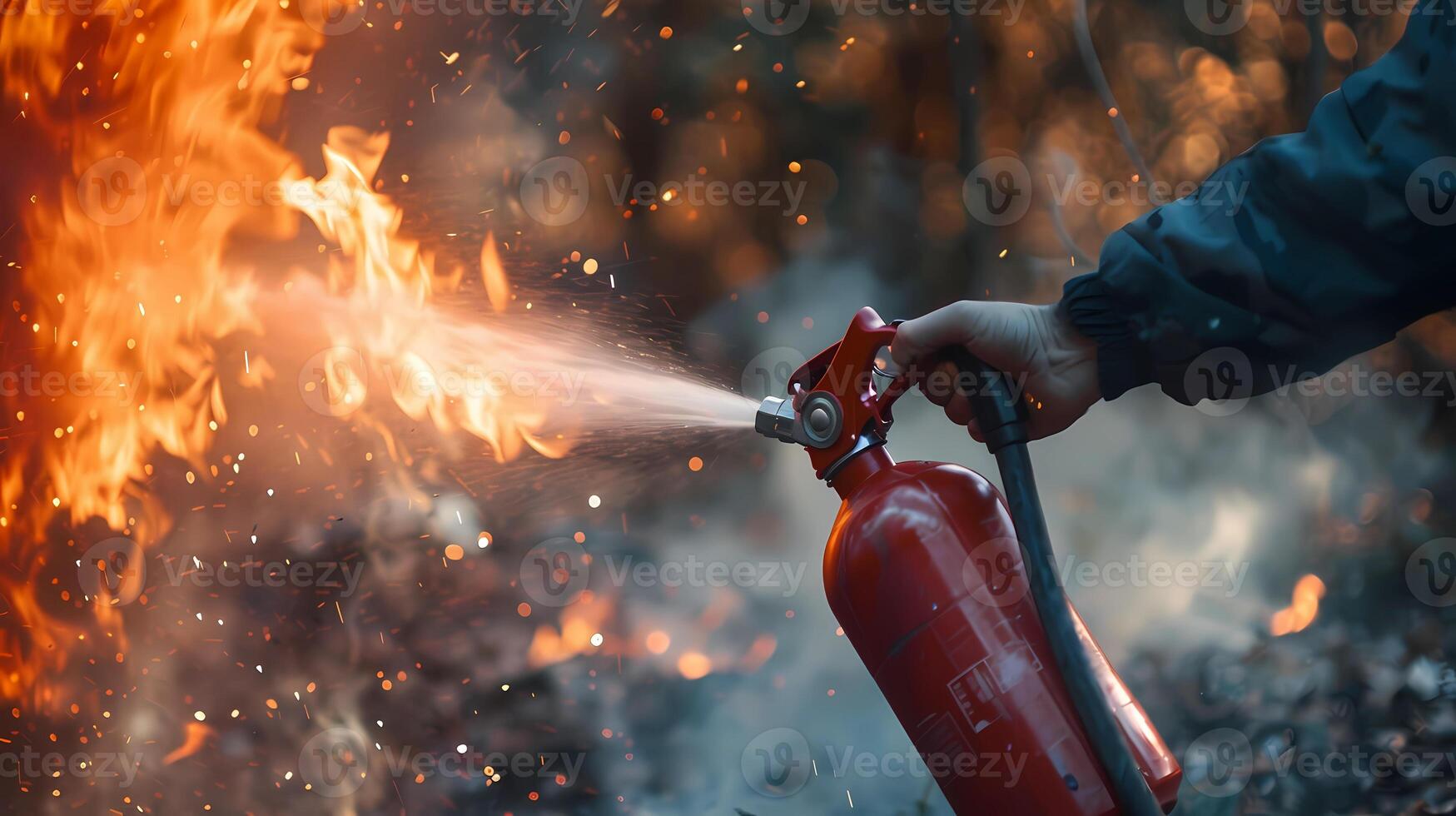 man used a fire extinguisher to put out the fire close-up. photo