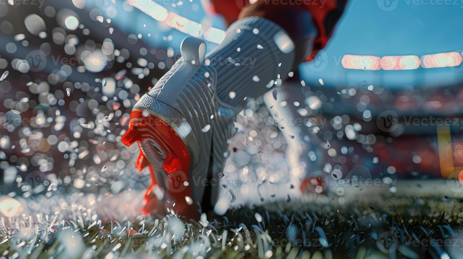 A close-up of a football player's cleats as they dig into the turf, ready to sprint, with fans cheering. photo