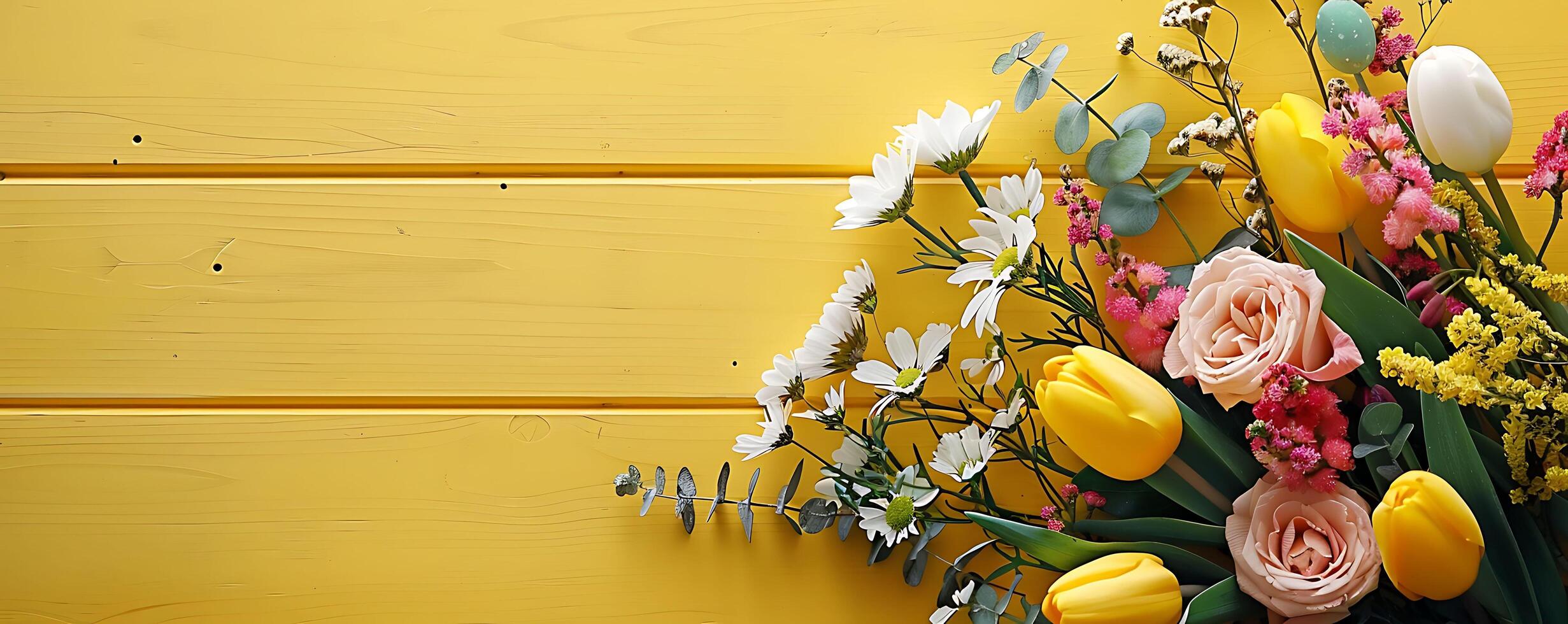 Easter Floral Arrangement Grey Wooden Backdrop Overhead Perspective photo